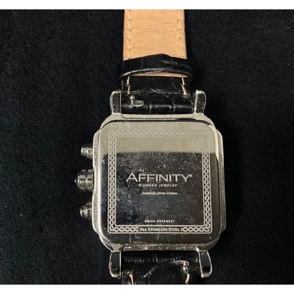 Affinity Silver Tone Square Chrono Style Watch Crystal Bezel Black Leather Strap